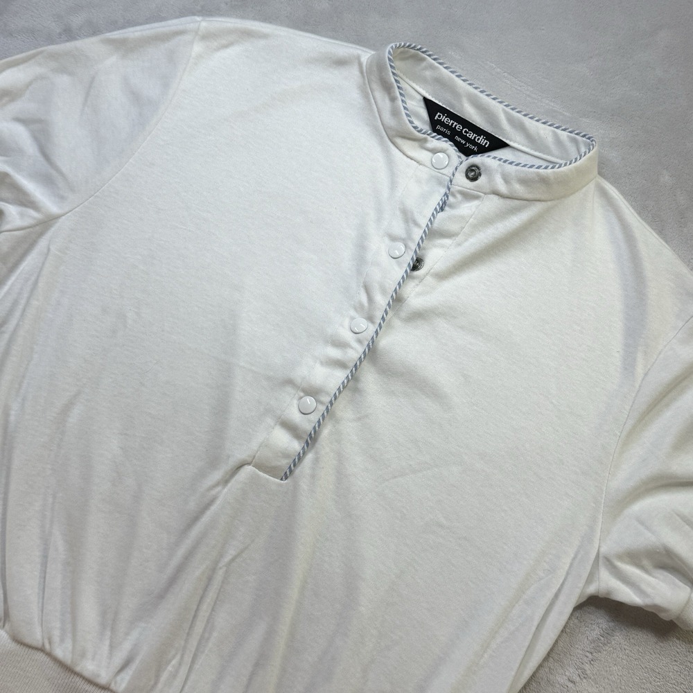 Vintage Pierre Cardin White Short Sleeve Knit Top Women's Medium Snap Henley